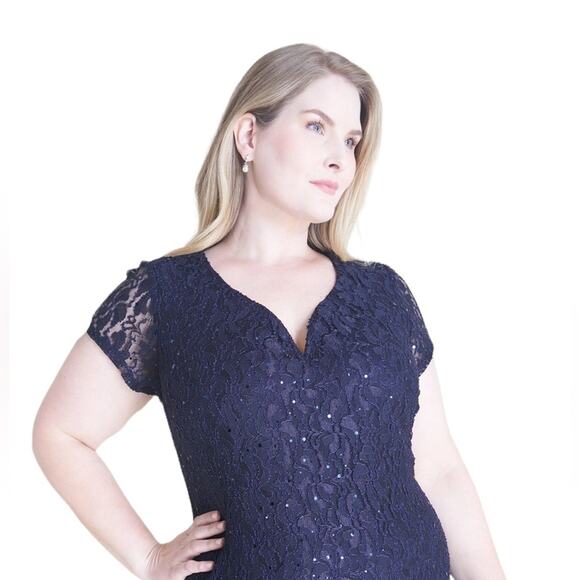 Connected Apparel NEW Size 14 Grace Navy Short Sleeve Sequin Lace Maxi Dress - Picture 5 of 11